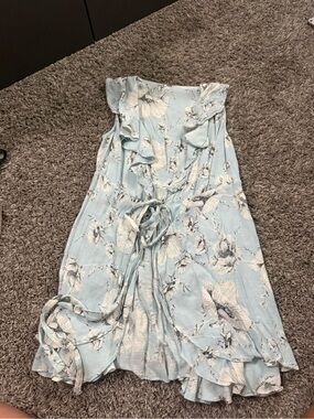 Free People Light Blue and White Floral Print Wrap Dress